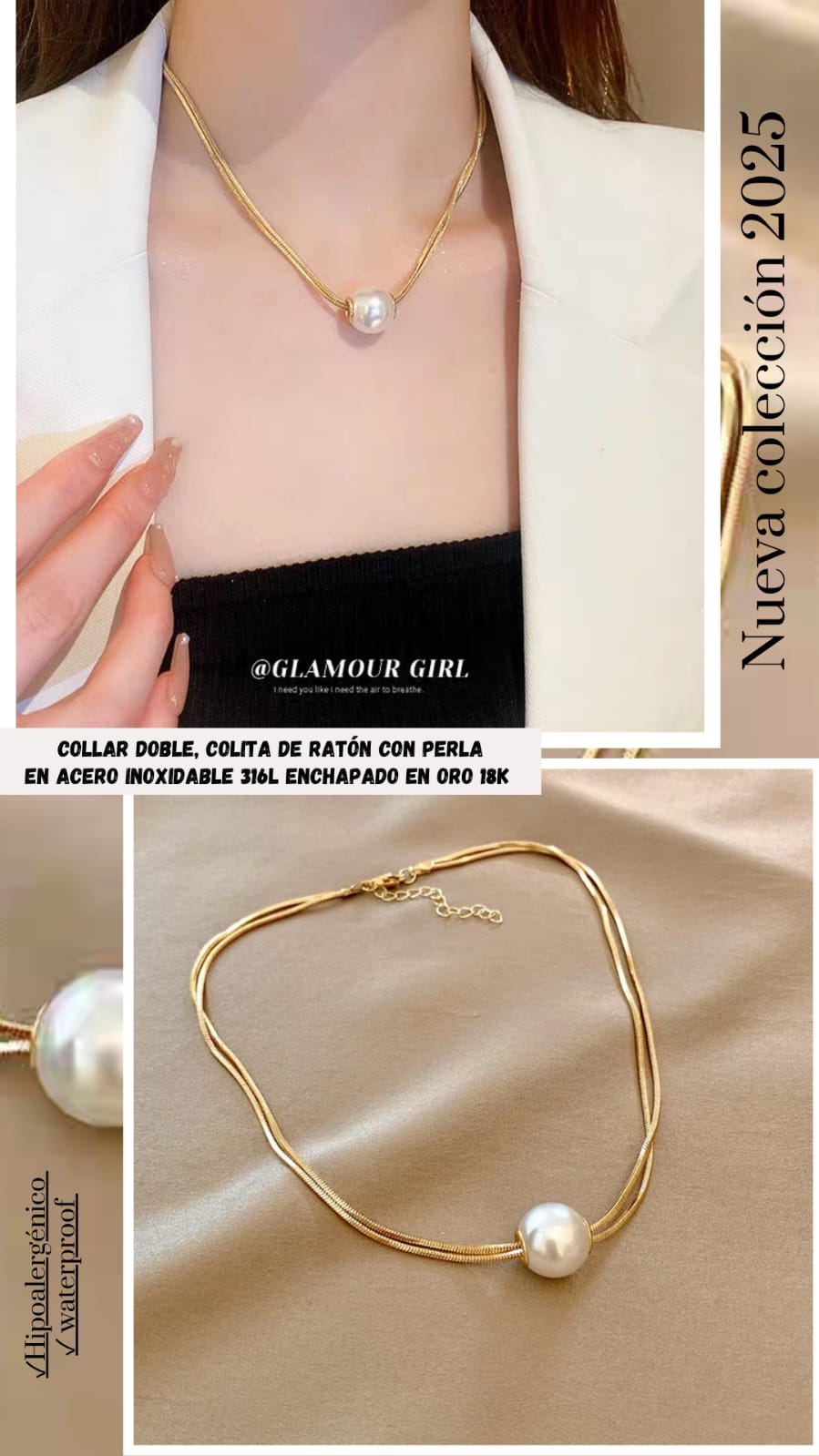 COLLAR DOBLE COLITA DE RATON CON PERLA