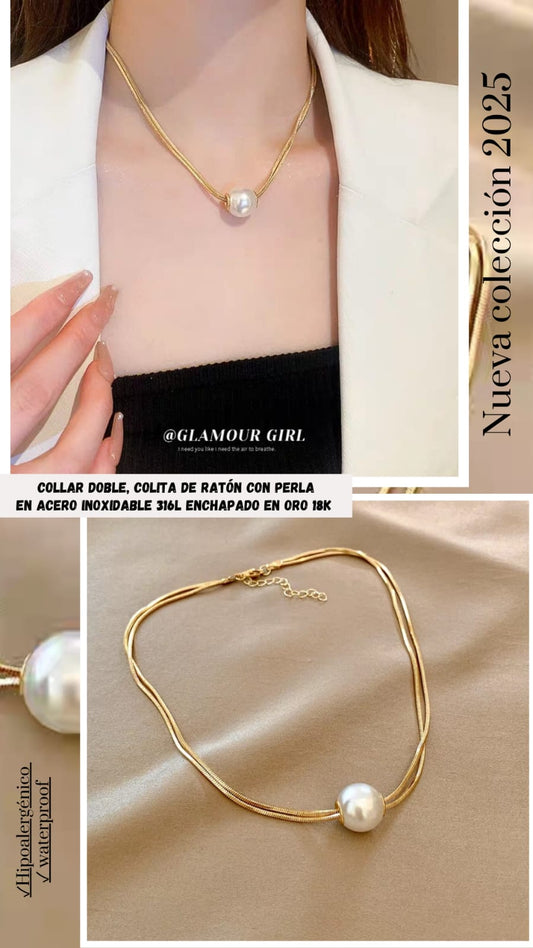 COLLAR DOBLE COLITA DE RATON CON PERLA