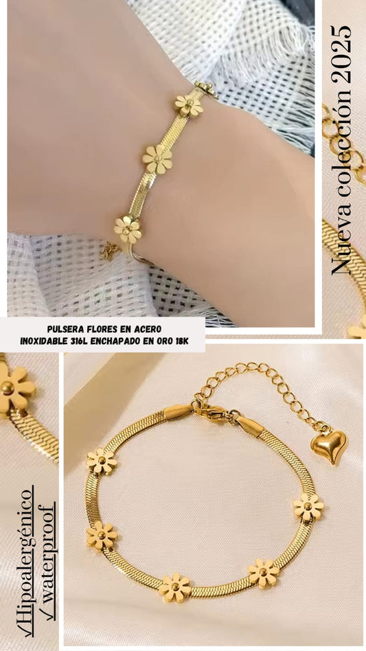 Pulsera flores enchapado en oro de 18